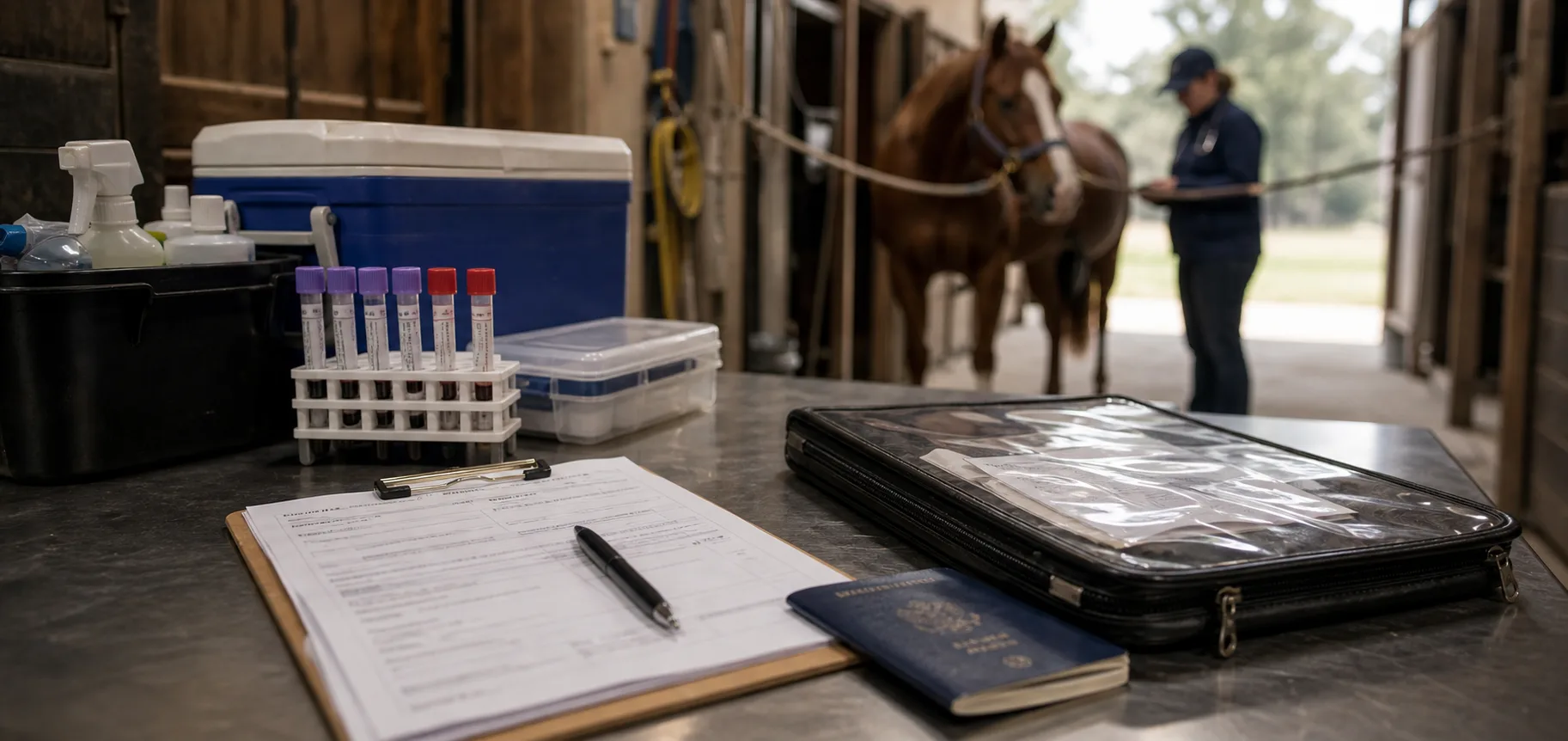 Coggins test samples, health certificate paperwork, and transport documents prepared in a barn aisle