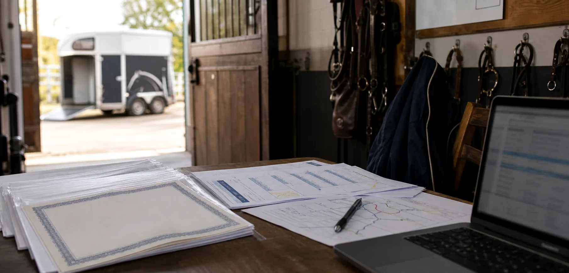 Insurance certificate, route notes, and laptop on a barn office desk with details intentionally blurred