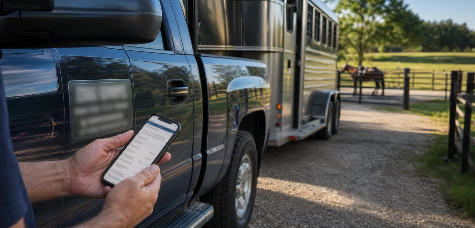 Close view of a horse trailer door with a USDOT-style number area and a blurred truck in the background