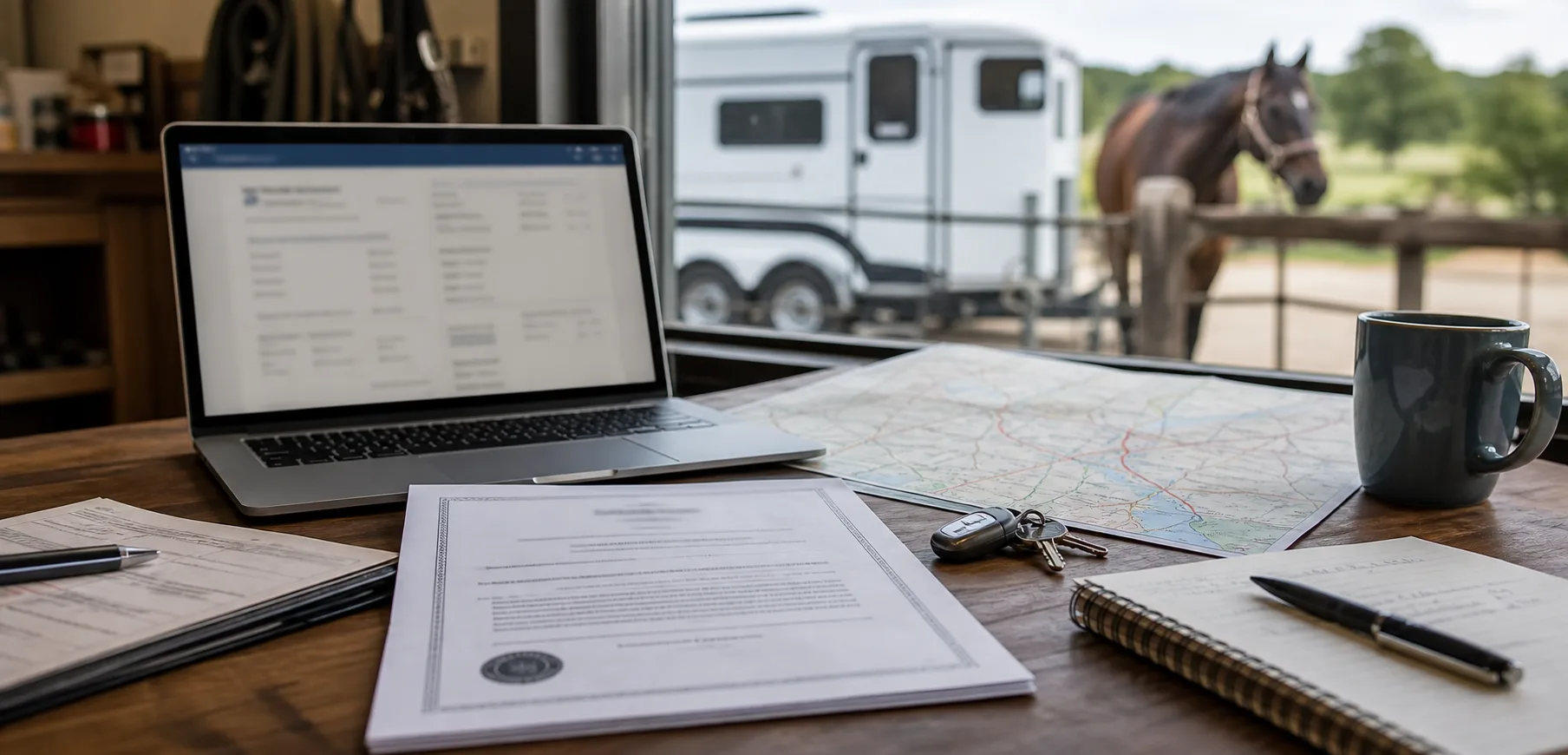 Barn office desk with horse transport quote paperwork, insurance notes, and a laptop