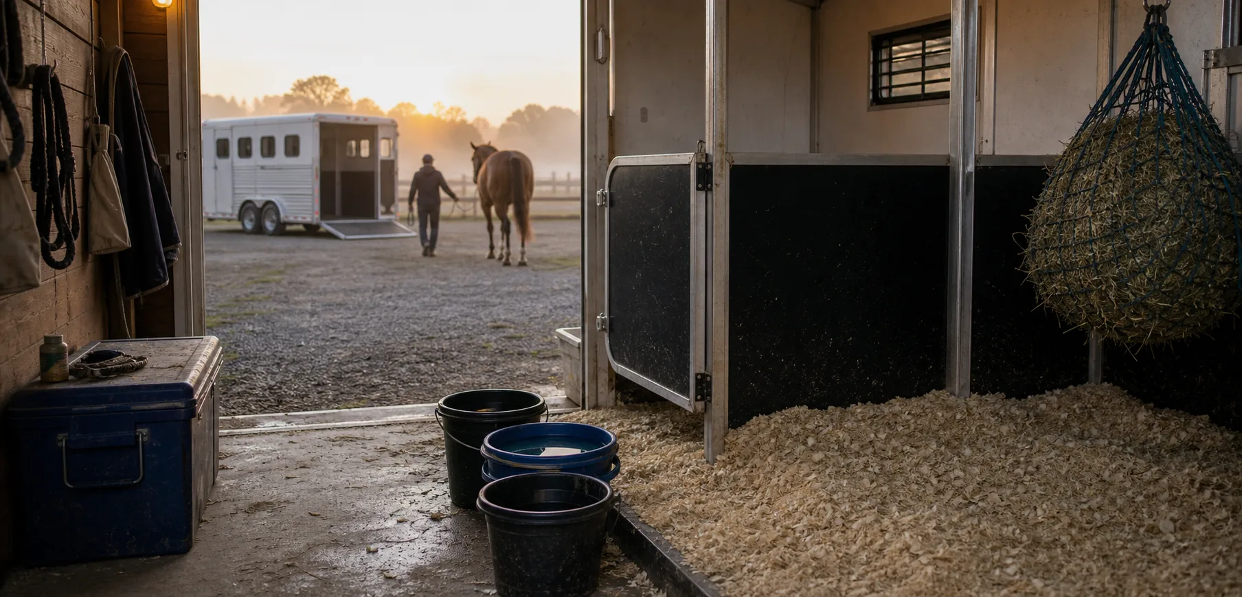 Fresh layover stall with water buckets and hay net ready for a long-distance horse transport stop