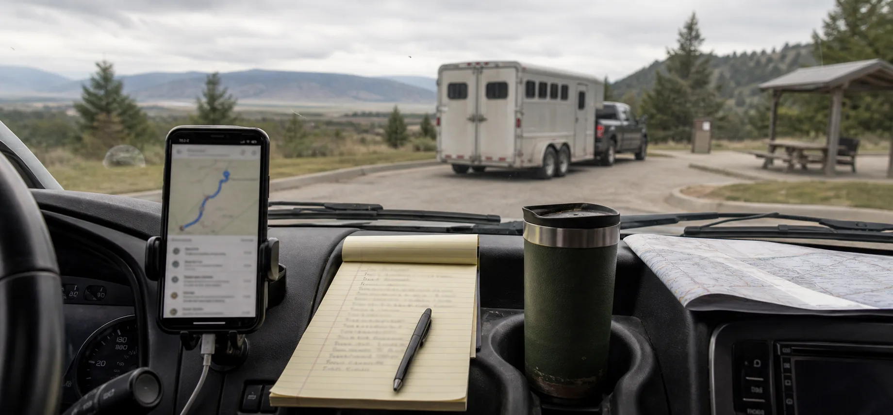 Parked truck dashboard with route update phone and horse trailer visible through the windshield