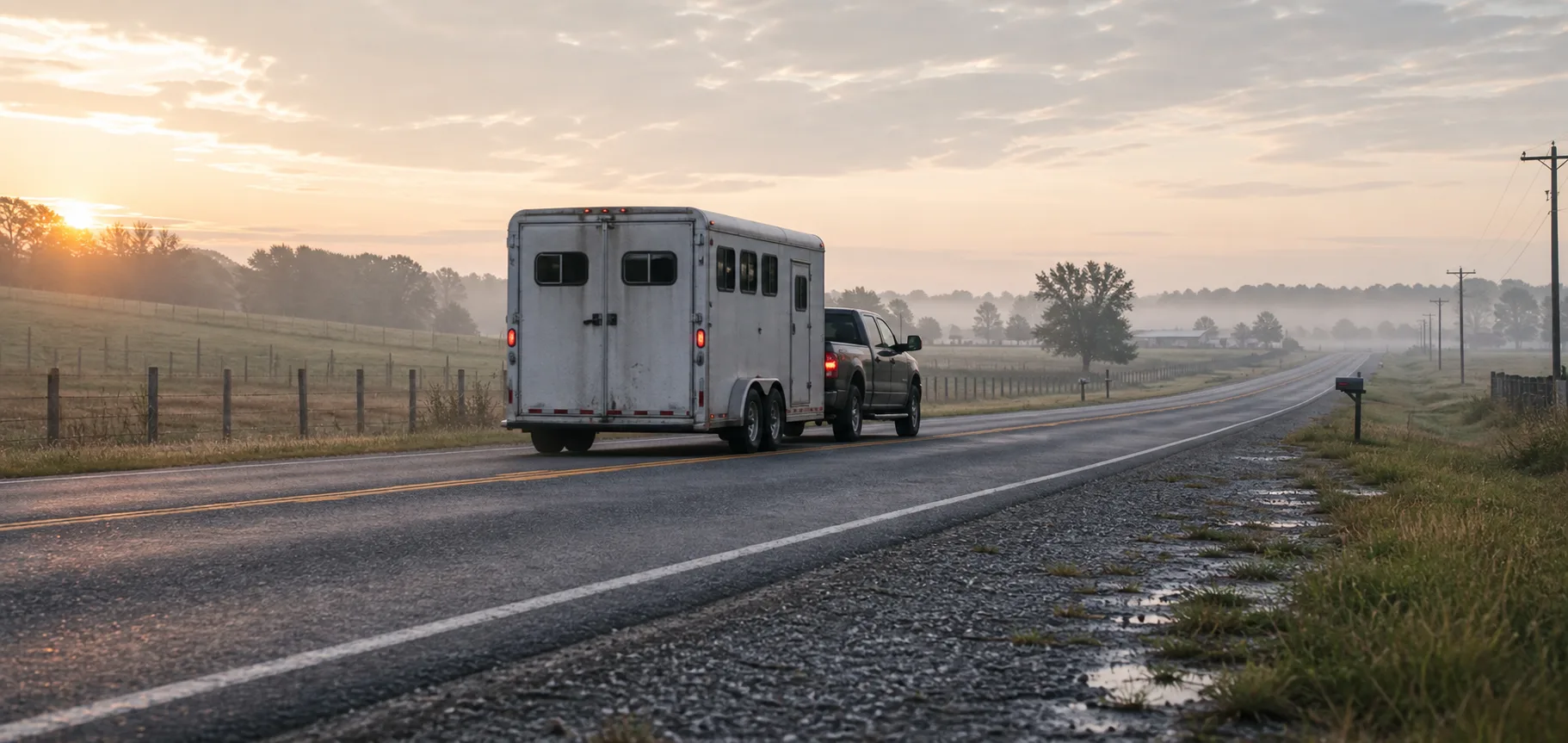 Pickup truck hauling a horse trailer on a rural highway at dawn