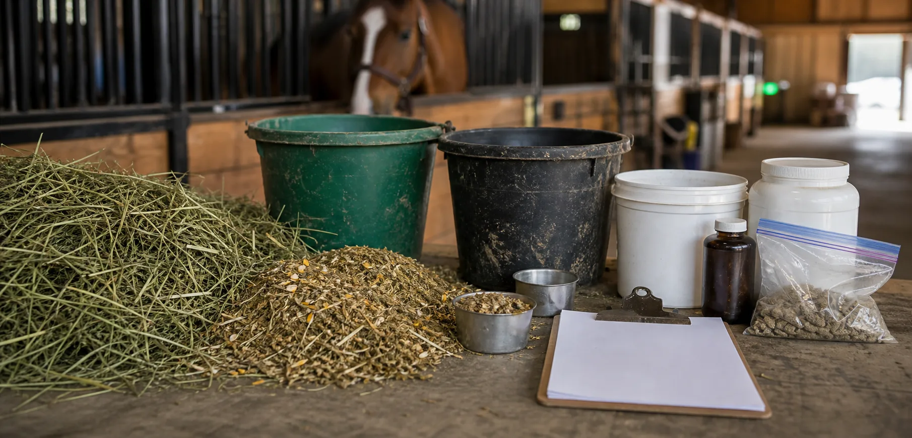 Labeled feed bags, hay flakes, water buckets, and medication notes prepared in a barn aisle