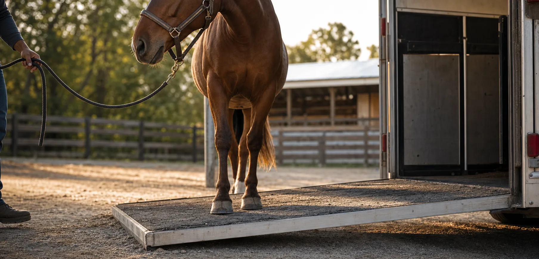 Quiet loading practice with a horse at a trailer ramp and a blurred barn yard in the background