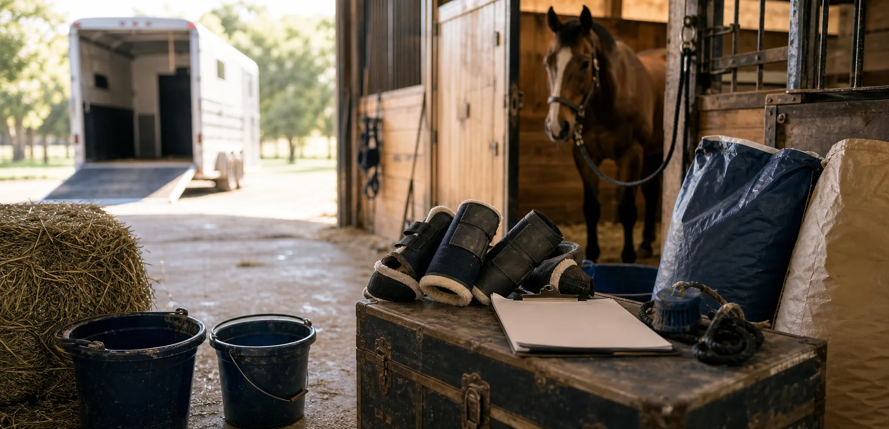 Barn aisle with feed bags, hay, travel boots, and transport notes prepared for a long horse trip