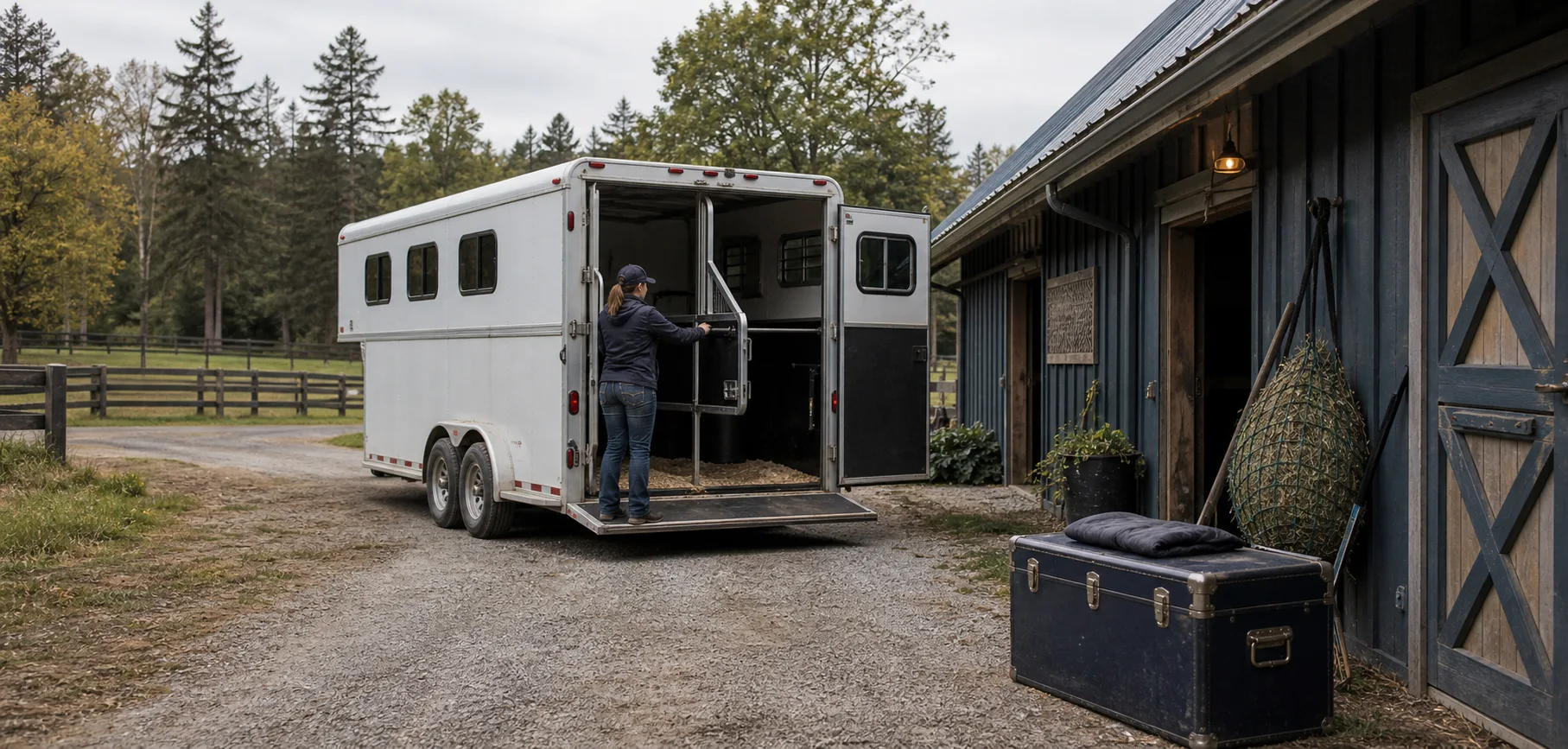 Single horse trailer staged at a quiet private farm driveway for a dedicated transport run