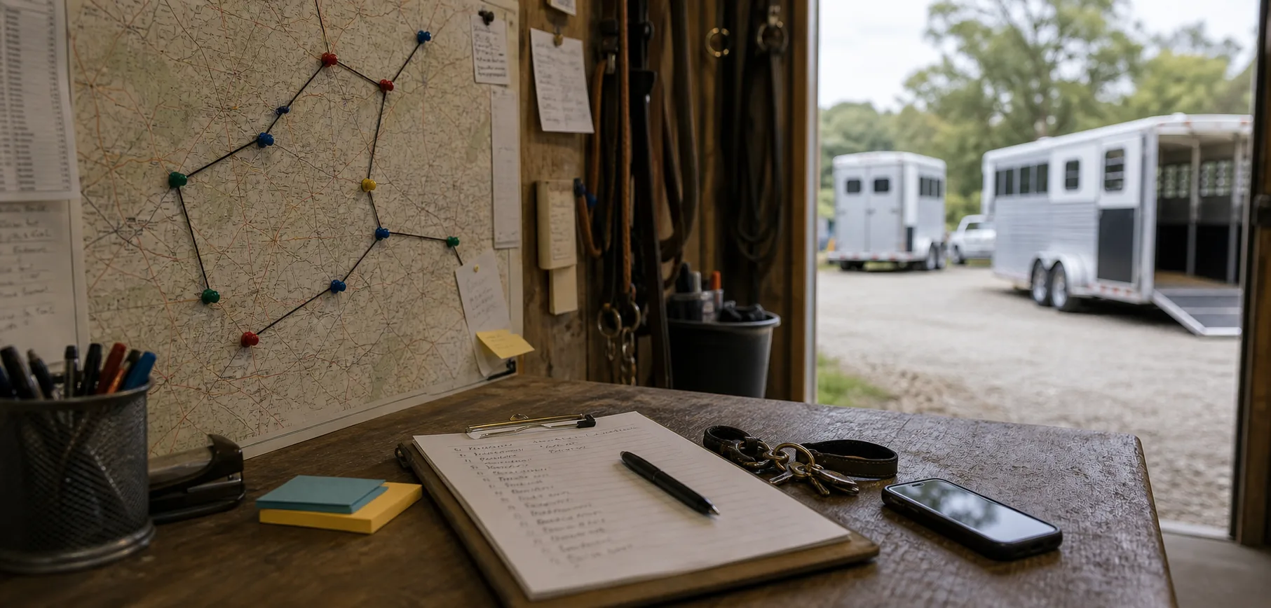 Barn office route map and pickup notes used to coordinate shared horse transport stops