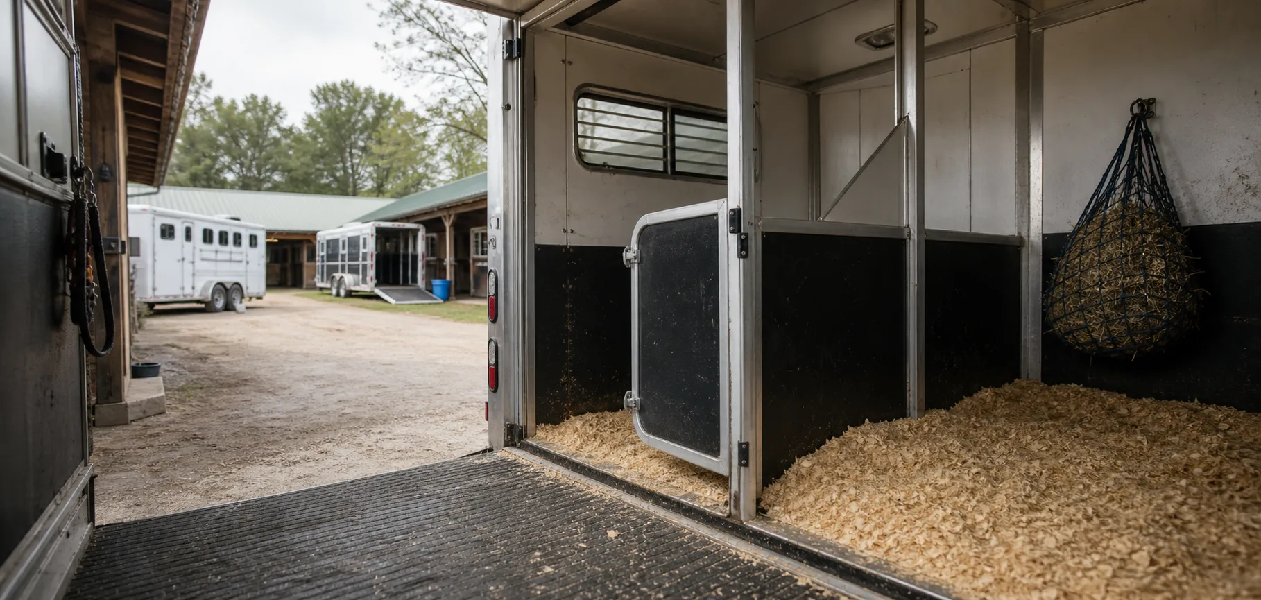 Horse trailer interior with stall divider, shavings, and stable yard beyond