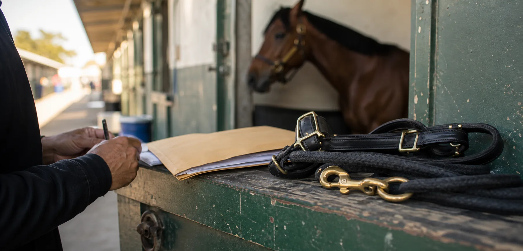Quiet backstretch shedrow with shipping halter, leg wraps, and a blurred horse in morning light