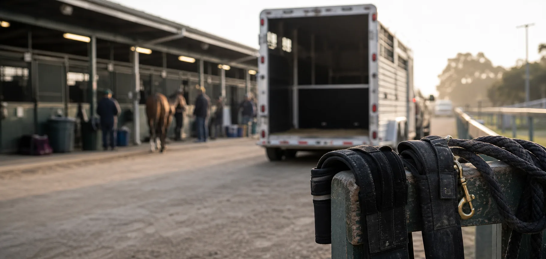 Racehorse trailer lane near a training barn with a lead shank and shipping boots in the foreground