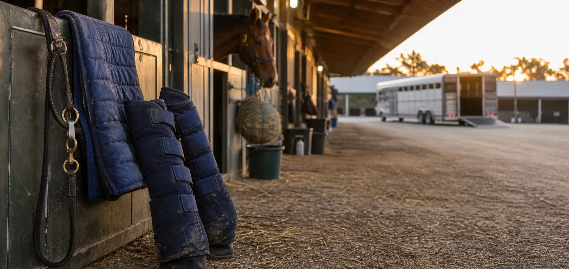 Racehorse backstretch shedrow with shipping boots and morning transport activity