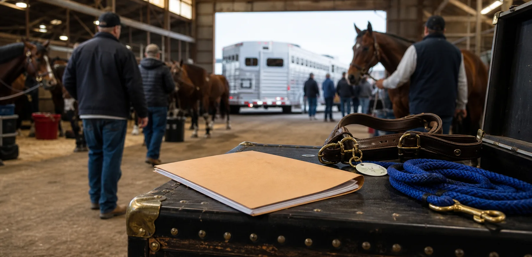Sale barn aisle with tack trunks, halter tags, paperwork, and a transport handoff in progress